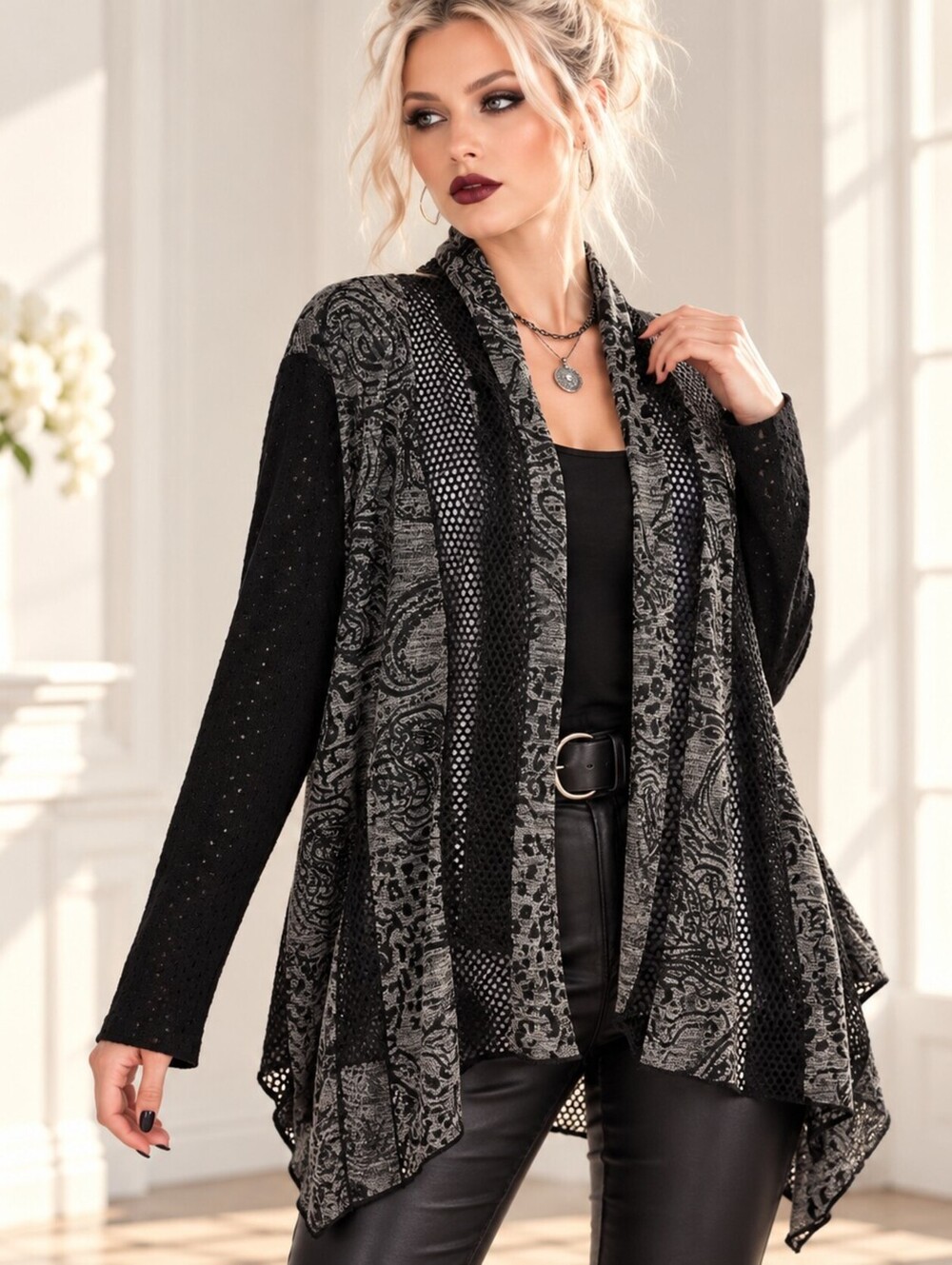 Frank Lyman Size L Black Gray Mesh Paisley Open Front Cardigan NWT